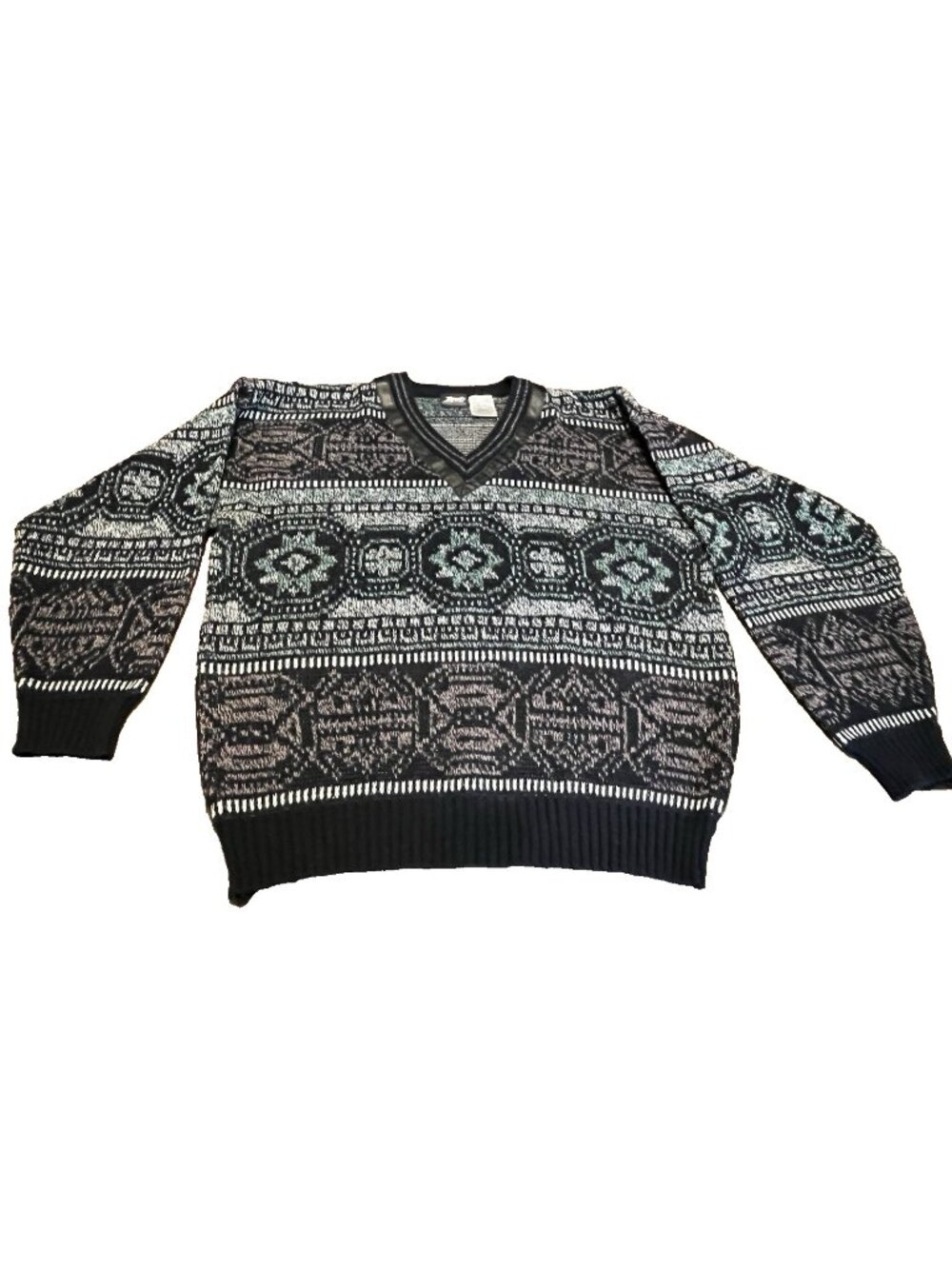 Vintage Impact Multicolor Sweater Leather Trim Men's XL Cosby 80/90s Grandpa Dad